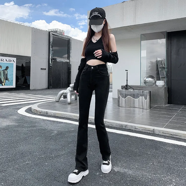 秋季外穿百搭小个子高腰修身显瘦弹力黑色微喇牛仔裤紧身喇叭裤