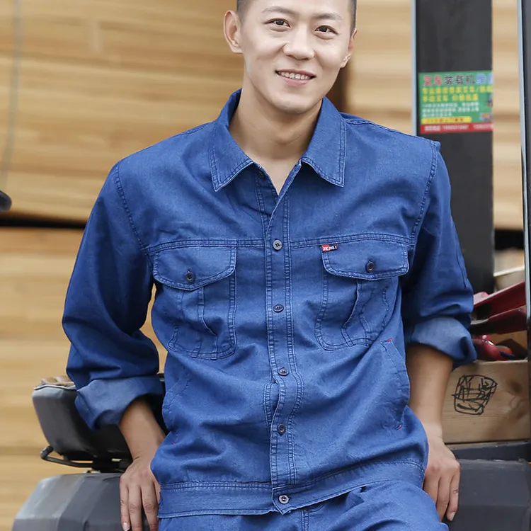 夏季薄款牛仔工作服套装男电焊工作服焊工耐磨防烫纯棉机修劳保服