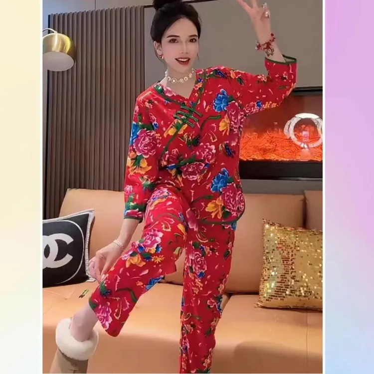 86028丹姐家东北大花家居服睡衣两件套装女