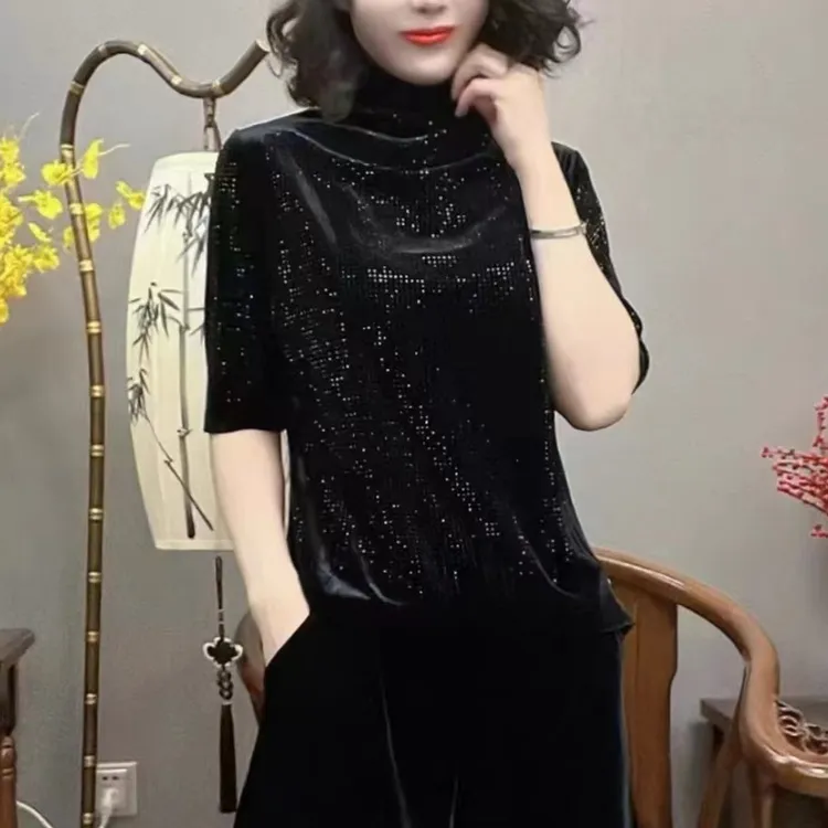 8008丹姐家新款洋气百搭时尚显瘦丝绒烫钻打底衫T恤女