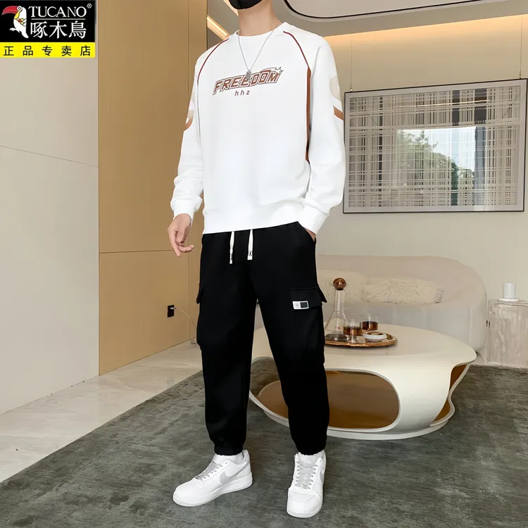 啄木鳥男士休闲套装春秋季新款潮流宽松运动圆领卫衣跑步健身套装
