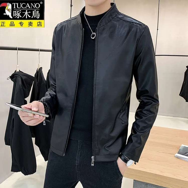 啄木鸟休闲帅气时髦运动风男士修身时尚皮衣帅气立领百搭潮流外套