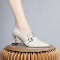 2024年新款欧美米白色舒适百搭女鞋软底不累脚粗跟简约单鞋女0136