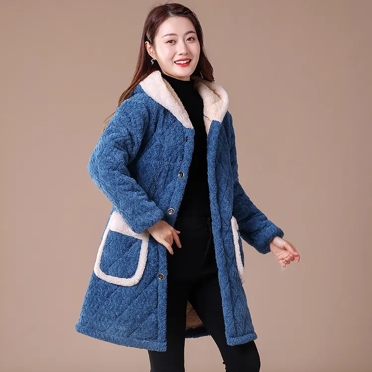 新款罩衣女加绒加厚棉罩衣成人外套连帽棉衣时尚中长款家居服