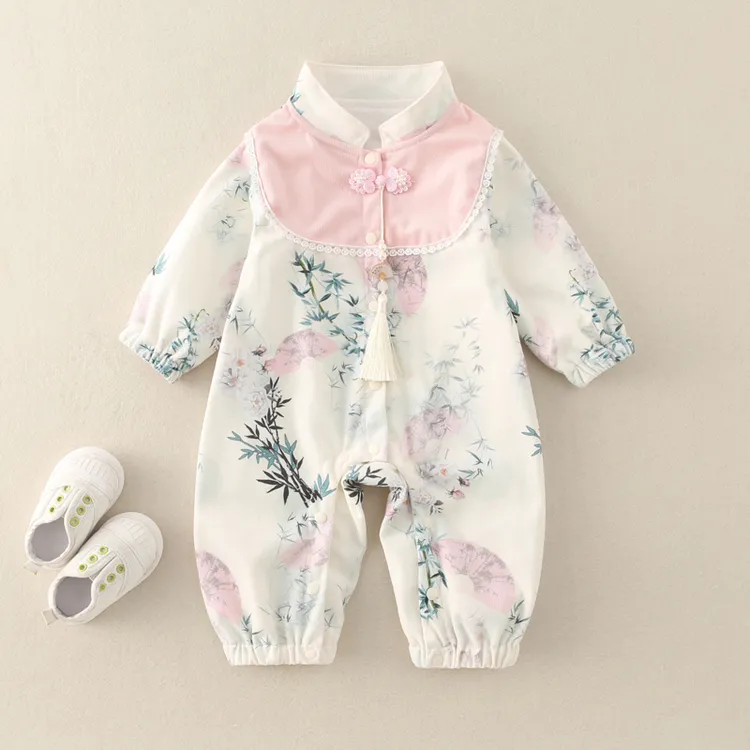 宝宝百天衣服中国风婴儿连体衣唐装春装汉服拍照周岁礼服公主哈衣