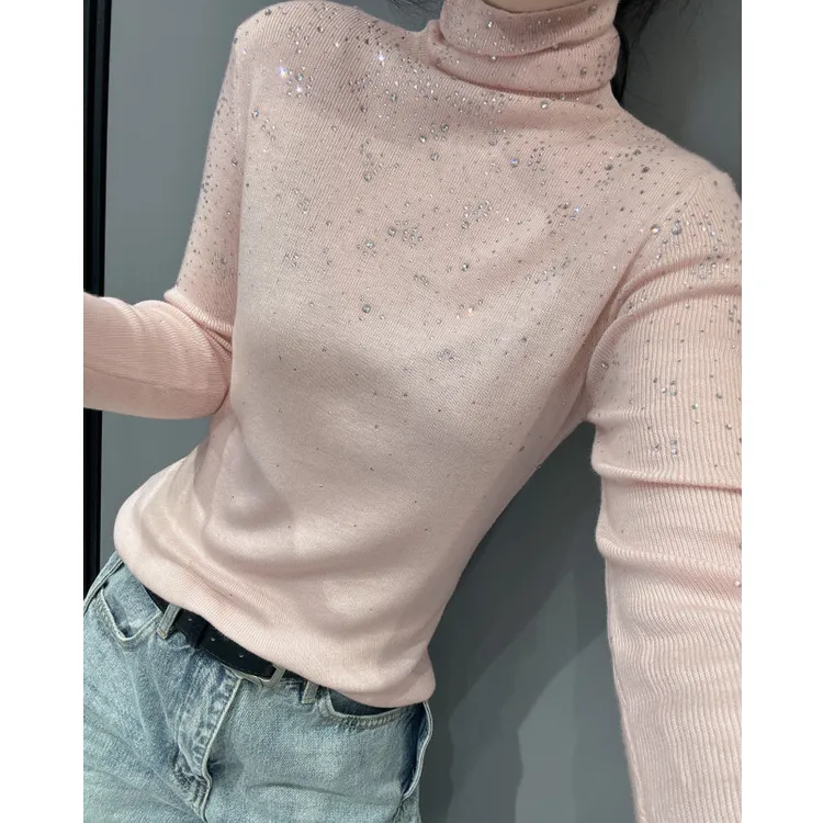 秋冬款显瘦修身毛衣打底衫长袖女时尚洋气烫钻内搭高领针织衫上衣