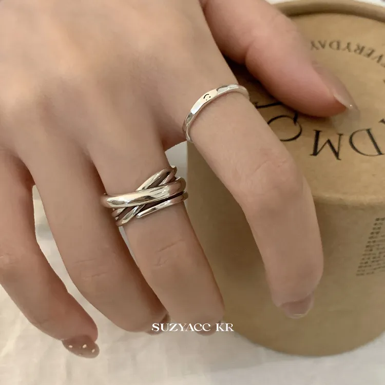 Suzyacc Kr 925银戒指 做旧多层交叉戒指J0756
