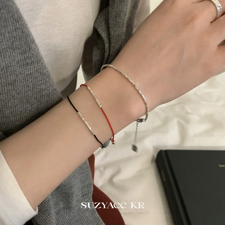 Suzyacc Kr 925银布艺手链 岁岁平安 碎银细红绳手链C2219
