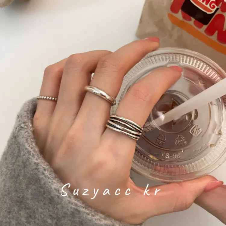 Suzyacc Kr 925银戒指  交叉缠绕复古多层戒指女开口戒J0081