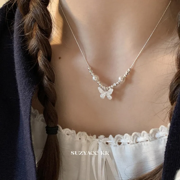 Suzyacc Kr 坠链均925银仿珍珠 蝴蝶仙子银珠项链DX0083