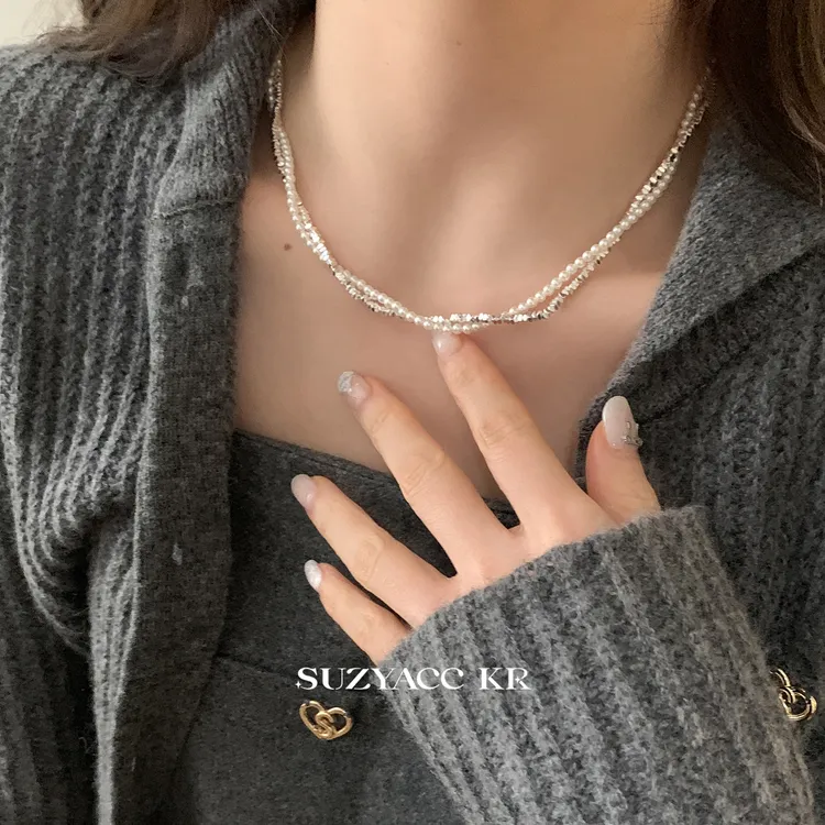 Suzyacc Kr 合金仿珍珠项链  双层珠珠碎银麻花项链气质轻奢X0904