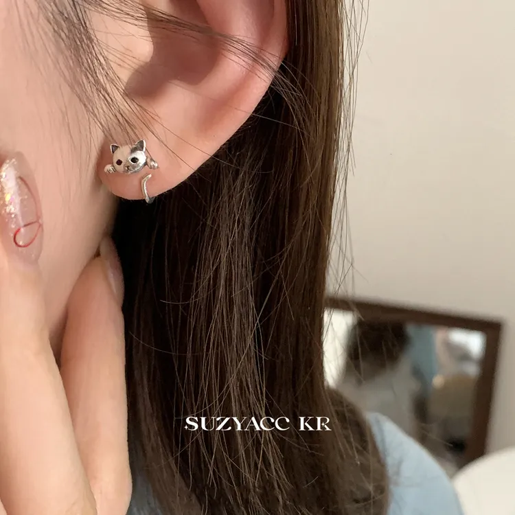 Suzyacc Kr 925银耳饰 百搭气质可爱小众猫咪耳环耳钩E2460