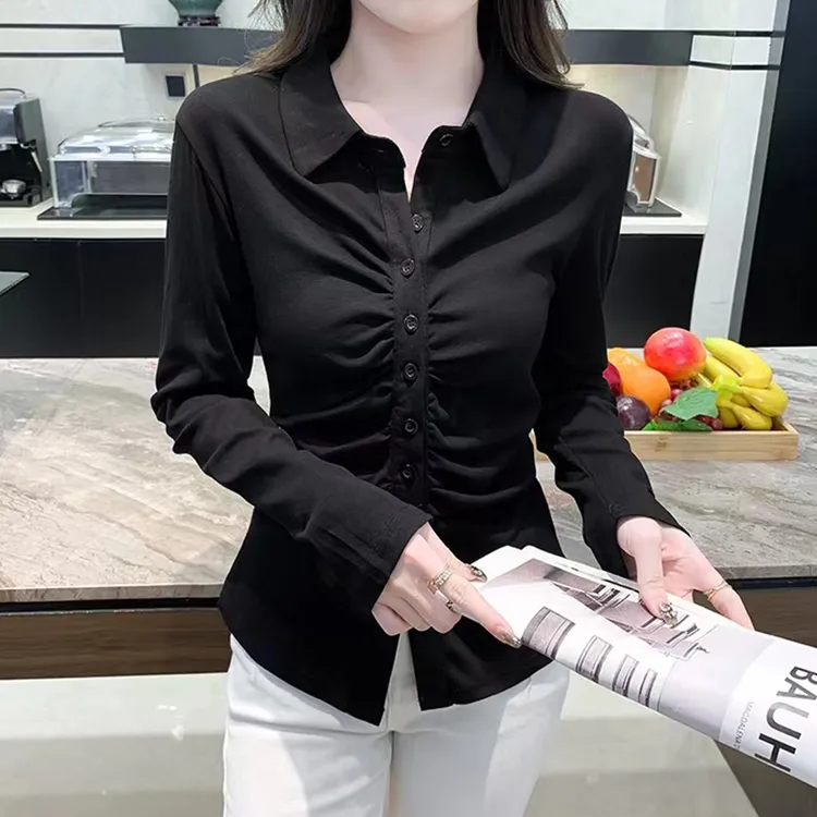 欧洲站黑色单排扣百搭翻领衬衫女长袖2025秋季翻领褶皱性感开衫潮