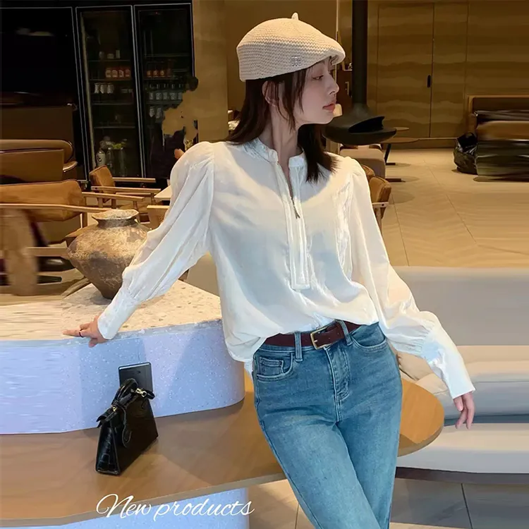 欧洲站2025秋季新款时尚金丝绒长袖衬衫白色百搭衬衣显气质上衣