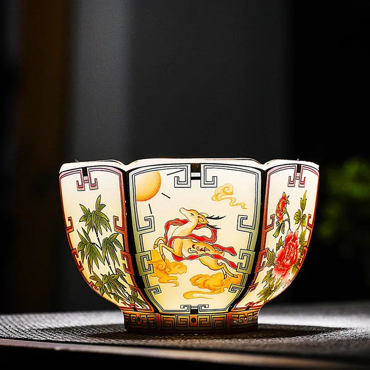 轻奢羊脂白瓷聚财主人杯个人六方品茗杯功夫茶盏珐琅彩单杯送礼