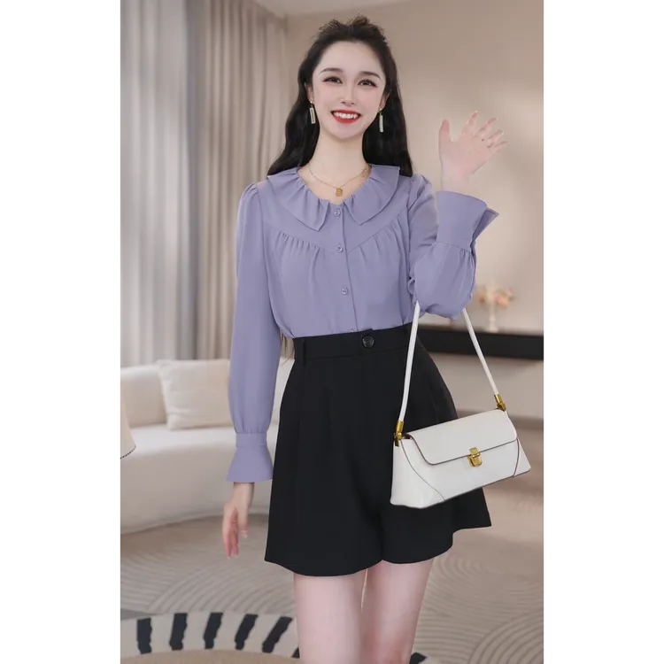 曼贝优雅拼接长袖女衬衫女时尚洋气衬衣法式浪漫衬衣8493249
