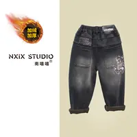 童装秋冬季韩版加绒加厚卡通牛仔裤中大童冬款洋气百搭裤子潮8005