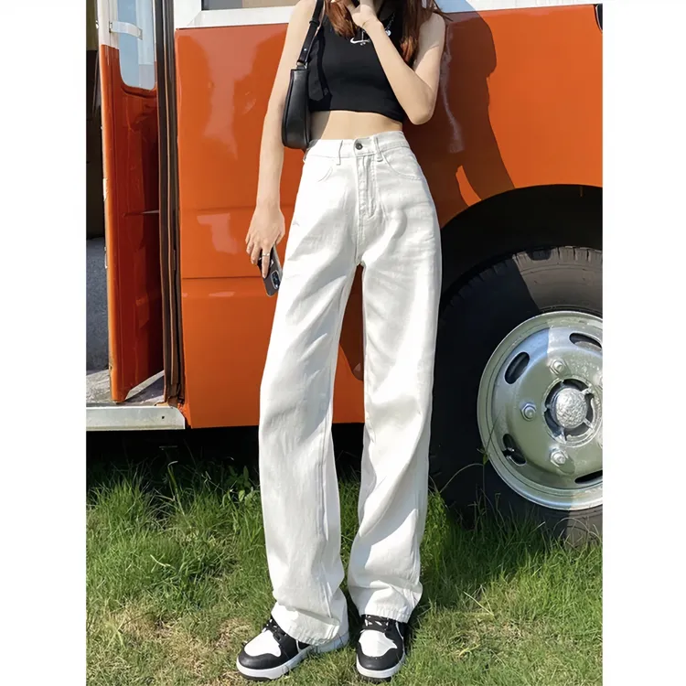 高级感白色阔腿裤2024春秋垂感牛仔女新款高腰宽松显瘦直筒拖地裤