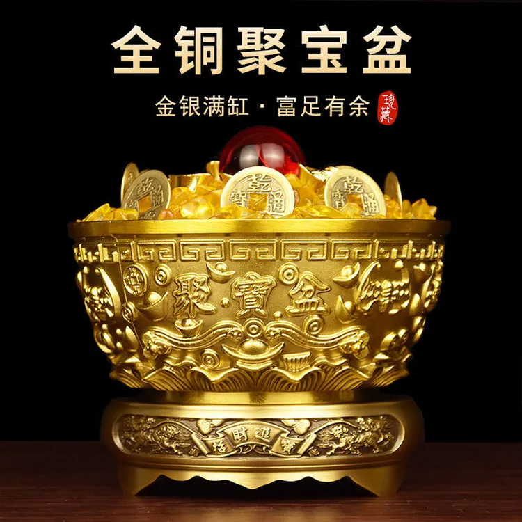 铜聚宝盆摆件铜盆铜缸纯黄铜全铜客厅家用办公室收银台开业礼品