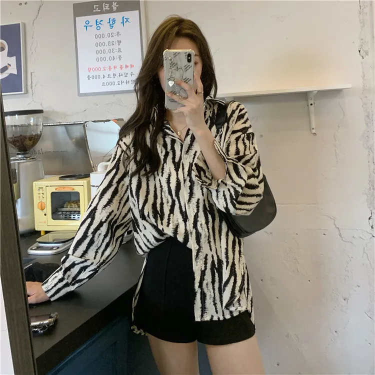 9935豹纹雪纺百搭衬衫女长袖2023春季新款韩版宽松显瘦设计感衬衣