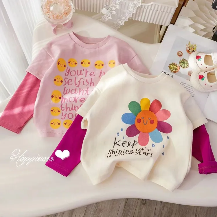 纯棉女童打底衫假两件长袖T恤宝宝上衣中小童圆领宽松韩版卡通