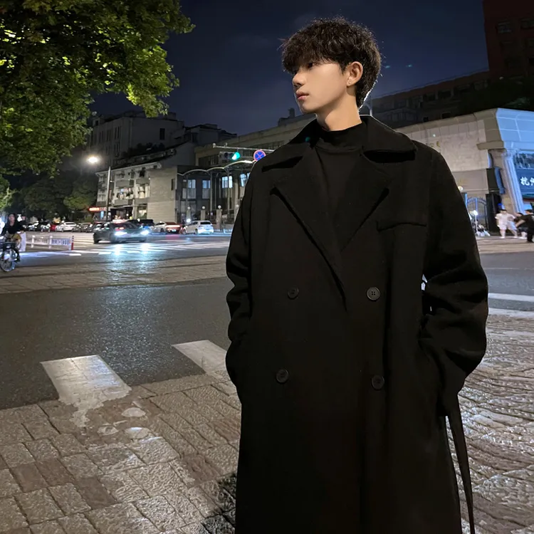 谢尔比双排扣毛呢大衣男冬季夹棉加厚保暖中长款过膝风衣外套潮牌