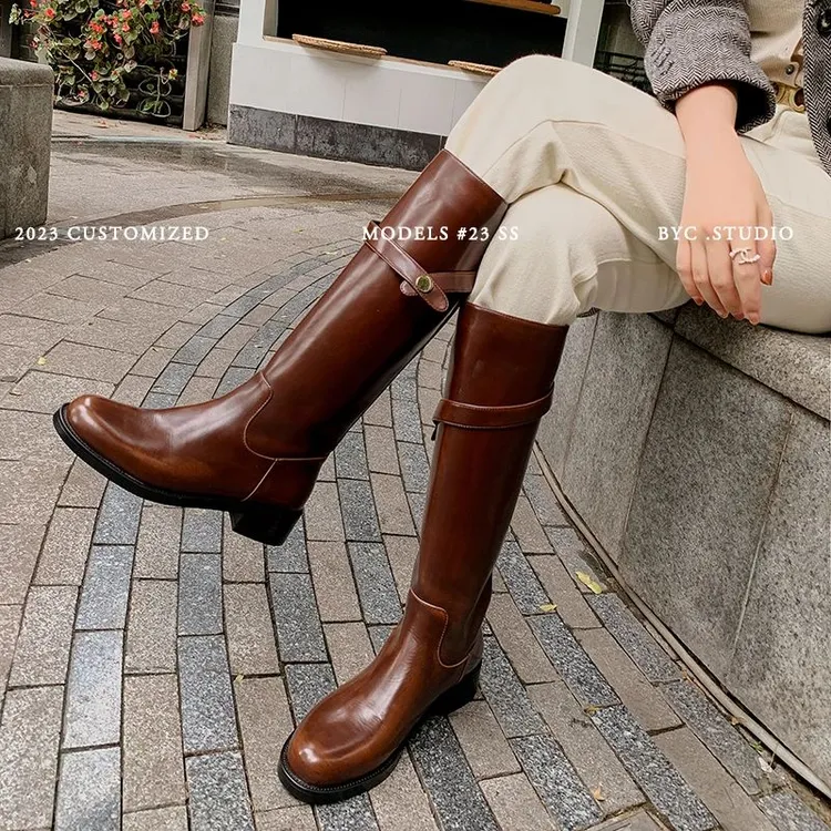 质感绝绝子~！真皮圆头粗跟高筒靴复古擦色大筒围骑士靴潮流长靴子