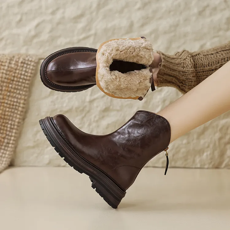 5CM冬季厚底加绒加厚雪地靴真皮2024新款粗跟圆头防滑防水棉靴子