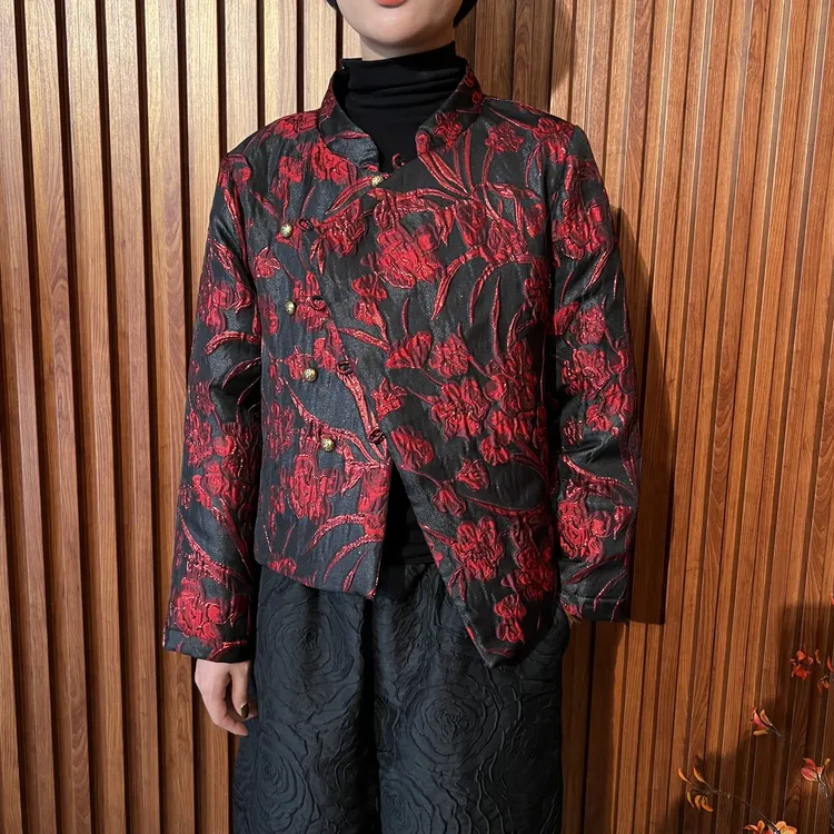 【红熹潮080酒红色】冬季短款复古中式重工长袖保暖宝妈提花棉服