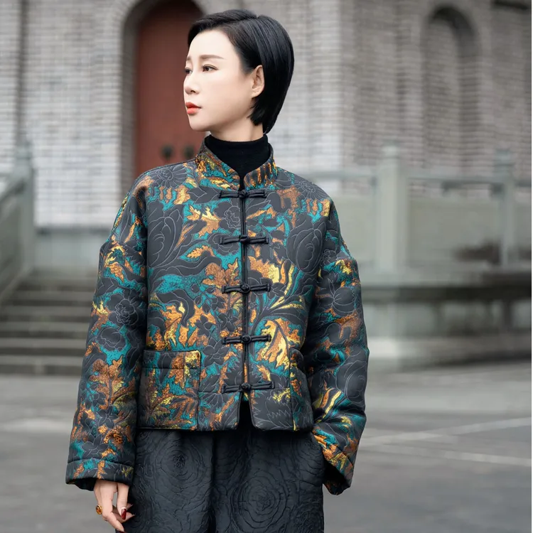 【红熹潮078彩色】秋冬网红短款立体浮雕花新中式中国风印花ins棉服