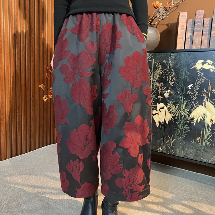 【红熹潮082酒红色】冬季时尚休闲宽松宽松中式提花国风重工茧型裤