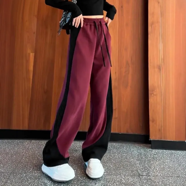 设计感小众酒红色拼色香蕉镰刀裤女秋冬休闲运动卫裤休闲外穿裤子