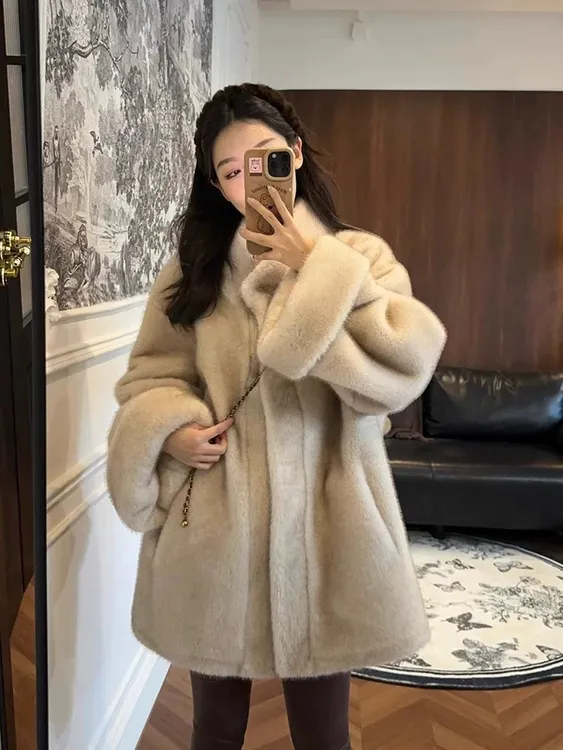 外套女款爆款2025新款中古风慵懒百搭韩版中长加厚立领挽袖712