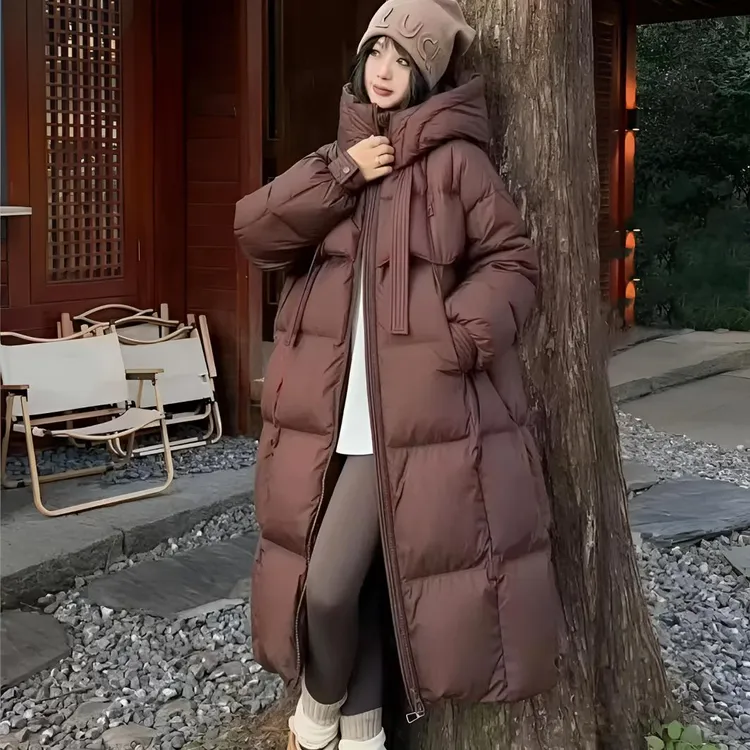 【国标鸭绒】TZ飘带2024新款长款过膝连帽J加厚羽绒服宽松舒适保暖