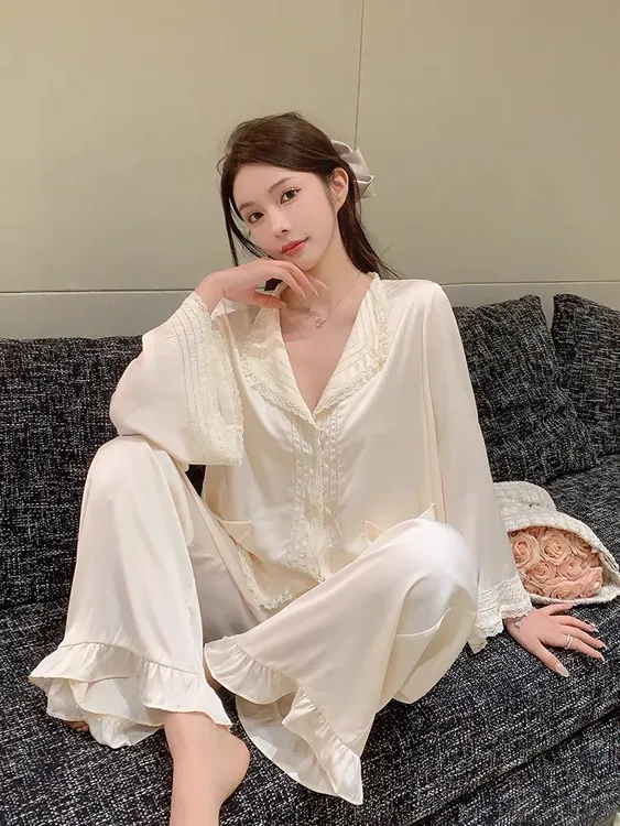 法式高级感甜美长袖秋季2025新款睡衣长袖长裤春秋大码睡衣套装