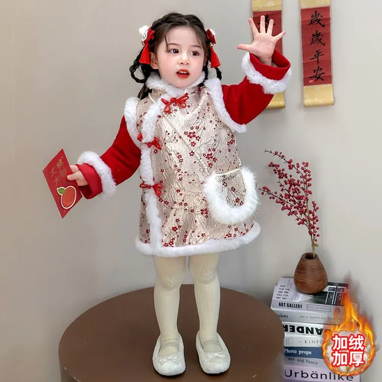1-3-6岁女童国风加绒棉衣旗袍裙冬季过年宝宝汉服女孩喜庆拜年服2