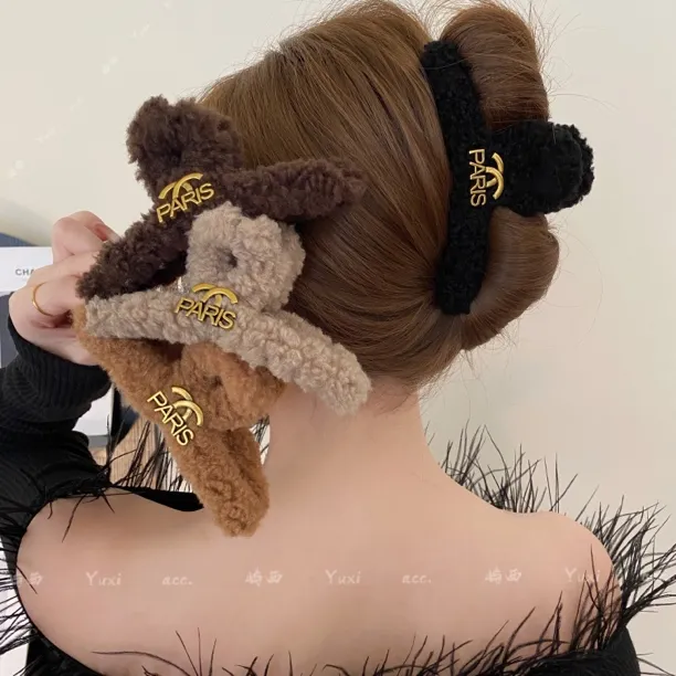 <屿西>秋冬新款仿羊羔毛毛茸茸后脑勺发抓发夹复古高级感百搭抓夹