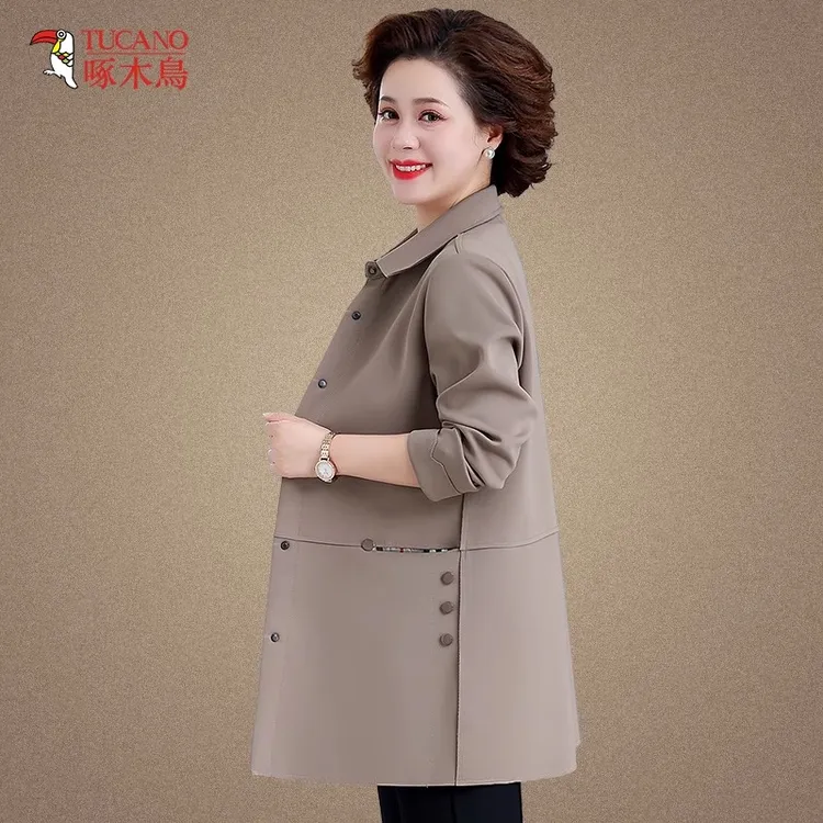 啄木鸟中年妈妈秋装洋气上档次外套2025新款中老年中长款风衣女