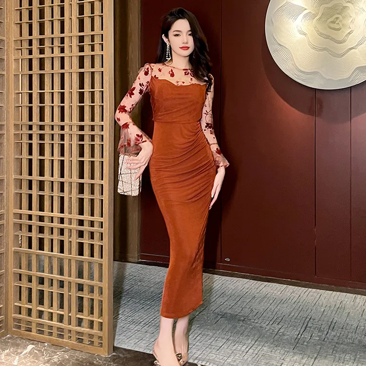 开叉收腰连衣裙修身显瘦复古长袖名媛气质包臀性感红色法式20746