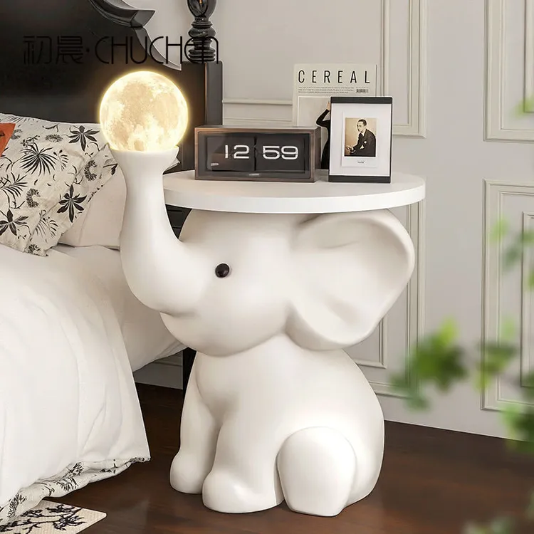 2024大象落地摆件托盘奶油风床头柜灯一体卧室家用客厅乔迁装饰品