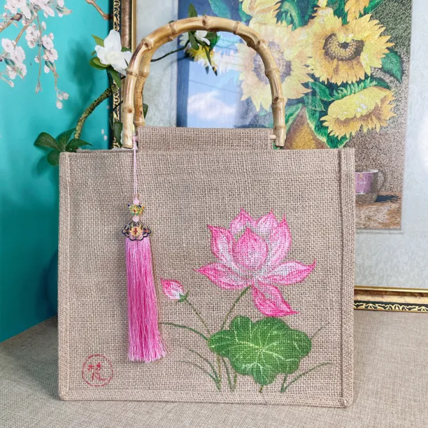 原创双面手绘竹柄带黄麻手提包收纳手提包复古文艺小清新收纳女包