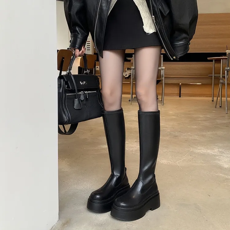 牛皮版~苏茵茵同款厚底包腿弹力中筒靴女瘦瘦靴小个子长靴长筒