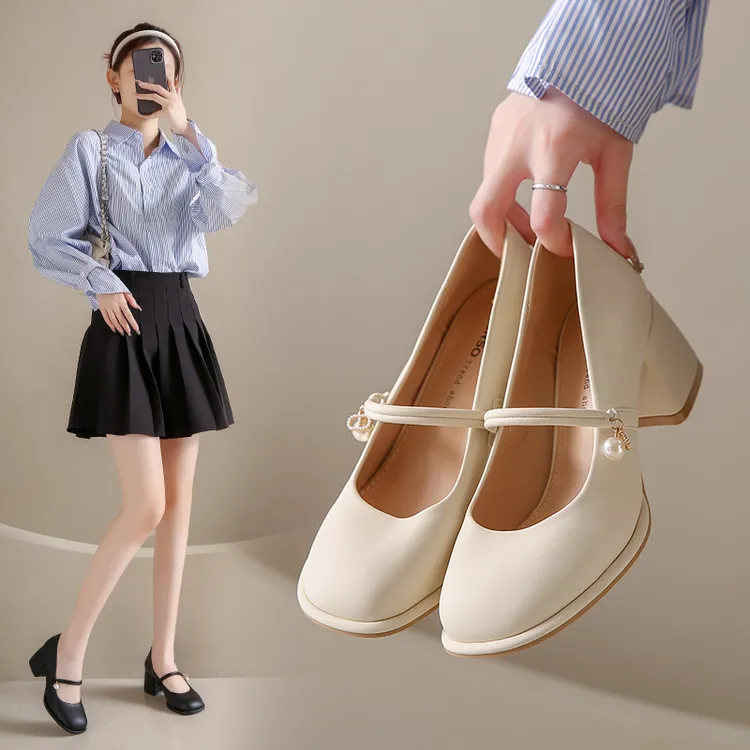 旗袍鞋子玛丽珍单鞋女2024新款仙女粗跟高跟软皮晚晚温柔伴娘鞋女