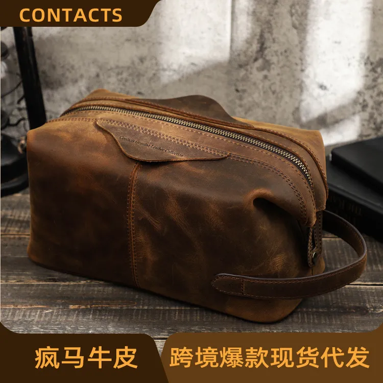 黑天使复古疯马牛皮休闲男士手拿包大容量真皮外贸男款收纳包潮流