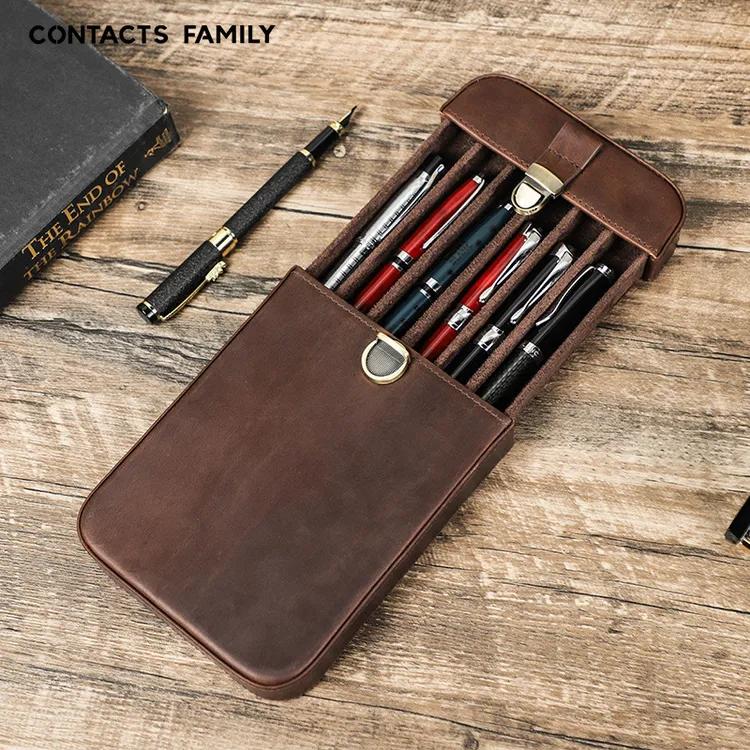 牛皮笔盒手工制作6支装旅行办公锁扣可拆卸抽屉式钢笔收纳盒真皮
