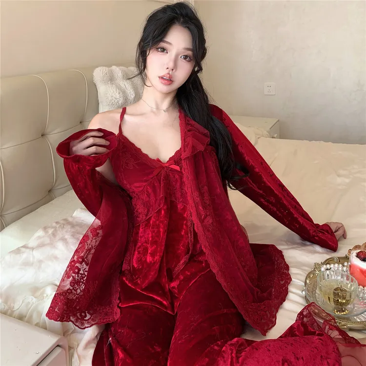 春秋冬季金丝绒睡衣女款红色结婚新婚本命年金钻绒三件套装家居服