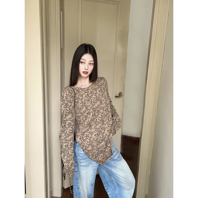 秋冬季新品豹纹复古做旧毛边脏染中性T恤中长款百搭打底衫上衣女