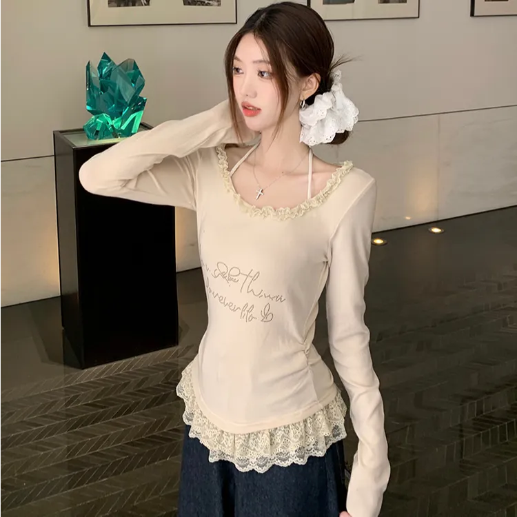 秋款女装2024爆款时尚蕾丝花边拼接长袖设计辣妹性感短款修身上衣