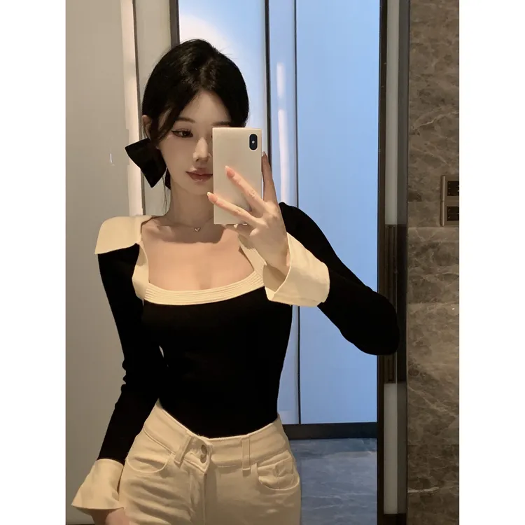 小个子精致上衣复古高级感盐系甜酷辣妹双拼色翻领别致长袖衬衫