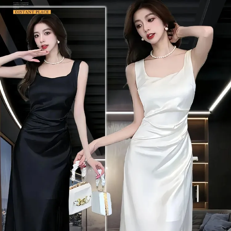 百搭无袖吊带连衣裙夏季新款气质法式名媛修身显瘦连衣裙收腰性感